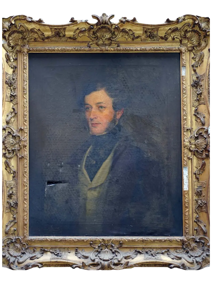 Before restoration: 18th century portrait with heavy varnish discolouration and surface damage, in its original gilt frame