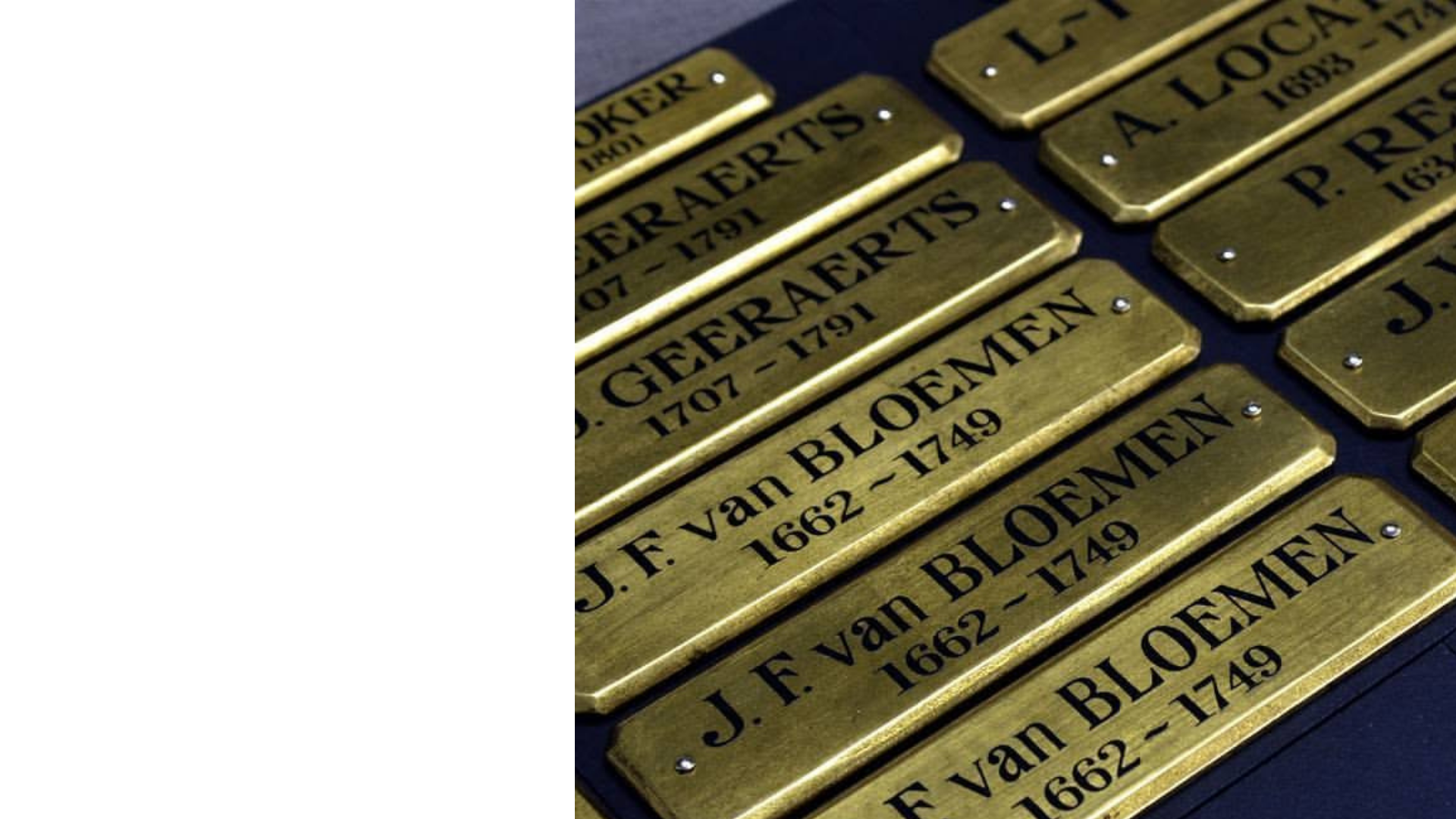A collection of hand-lettered gold leaf plaques bearing artists' names and painting titles