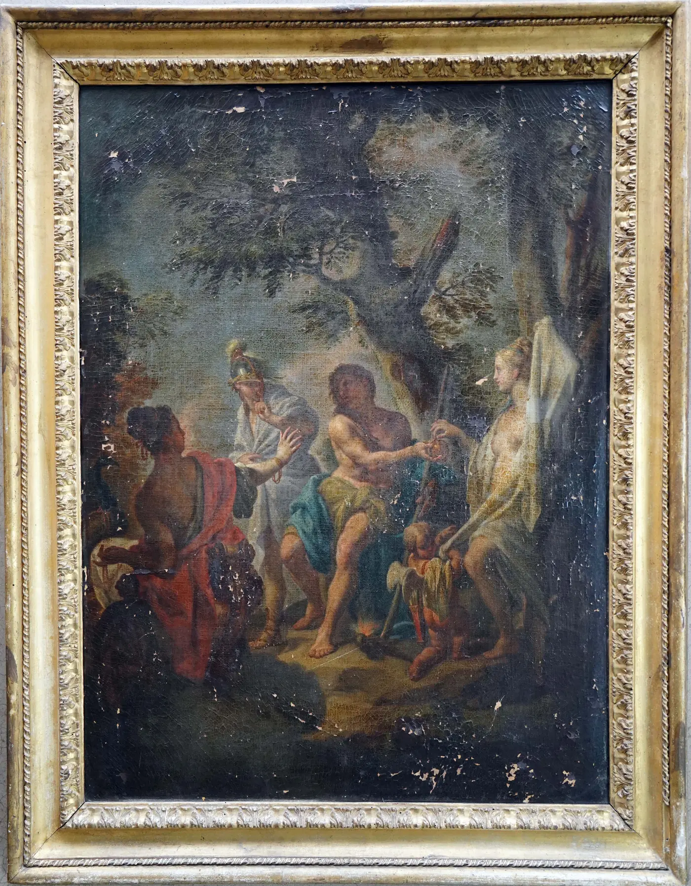 The Judgement of Paris by Francesco Trevisani before restoration, showing extensive paint loss and heavily discoloured varnish, in its original gilt frame