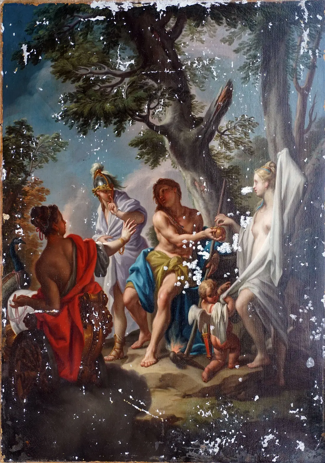 Close-up of extensive paint loss and flaking across the surface of The Judgement of Paris before treatment