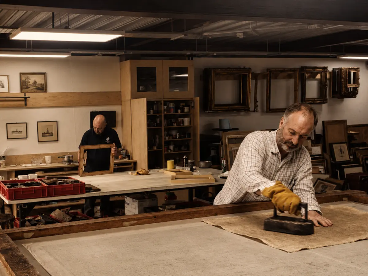 Craftsmen at work in the Everett Fine Art studio, restoring frames and relining a canvas